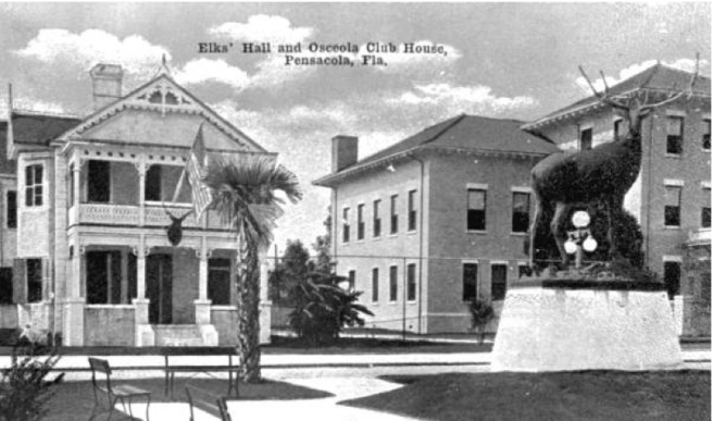 Elk's (left) and Osceola Clubs, Pensacola. Neither building survives today, although the Elk statue is elsewhere in the city. Source: State Archive of Florida.