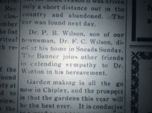Article on Percy Wilson's death, March 1918, The Chipley Banner.