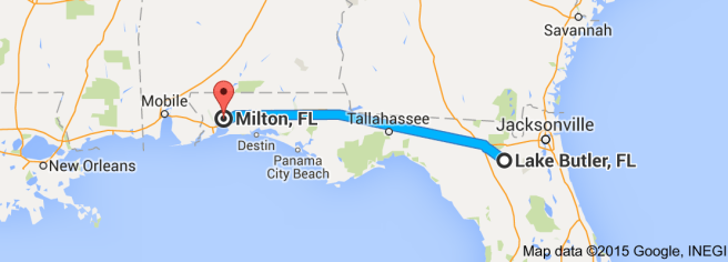 Distance between Milton and Lake Butler, Florida: 308 miles. Today, 4 hours one way. In Emmett's day, about 10 hours one way. Source: Google maps